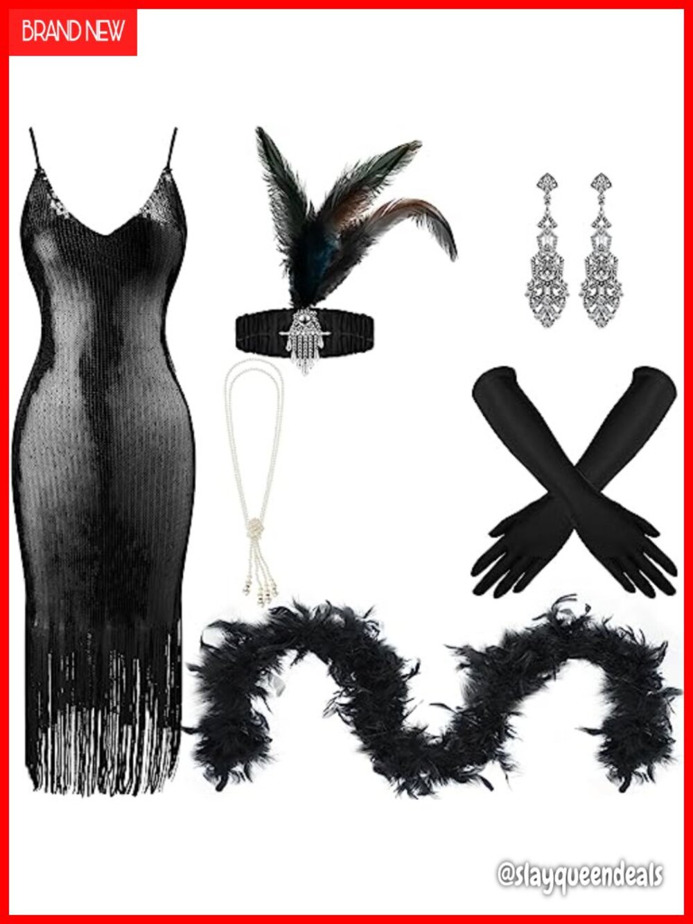 1920s Flapper Dress Sequin Costume Set with Feather Boa Gloves Jewelry 7 Piece